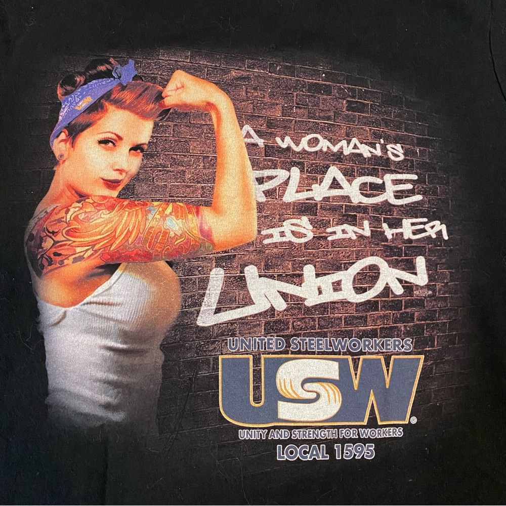 USW United Steelworkers Union Tshirt Witty Tee Womens Medium Black Rosie Riveter